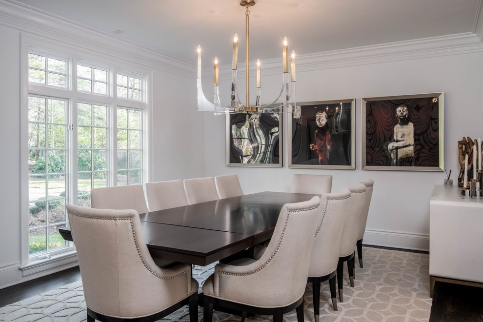 Inspiration for a large transitional separate dining room in Other with white walls, dark hardwood floors and no fireplace.