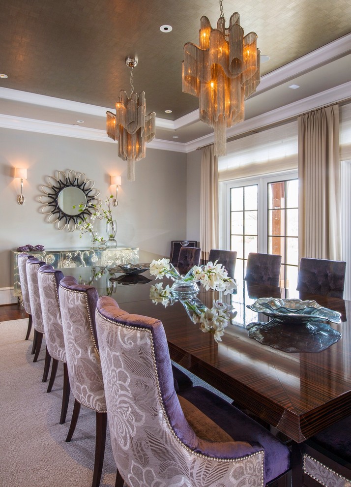 Large contemporary dining room in DC Metro with grey walls and dark hardwood floors.