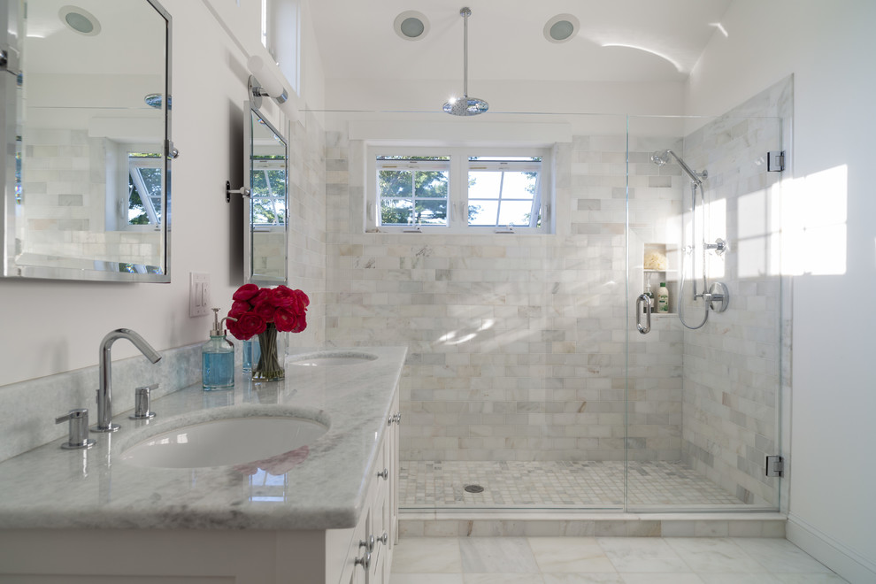 Design ideas for a large transitional master bathroom in Boston with white cabinets, an alcove shower, gray tile, marble, white walls, marble floors, an undermount sink, marble benchtops, grey floor and a hinged shower door.