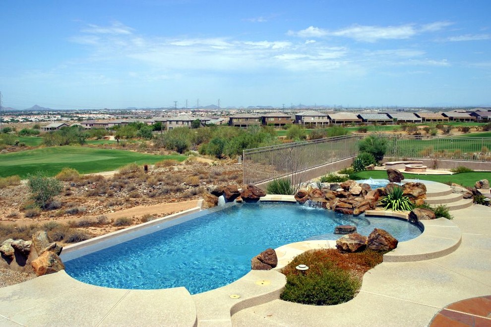 Example of a large backyard custom-shaped infinity hot tub design in Phoenix with decking