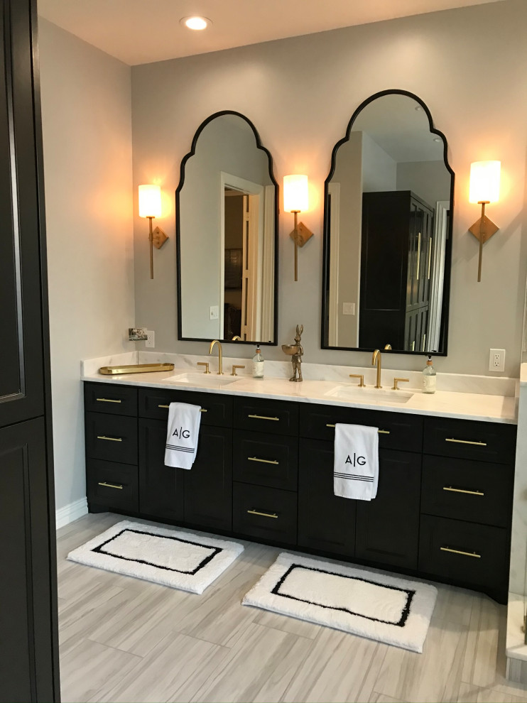 Inspiration for a large transitional master bathroom in Dallas with flat-panel cabinets, black cabinets, gray tile, engineered quartz benchtops, grey floor, white benchtops, a double vanity and a built-in vanity.