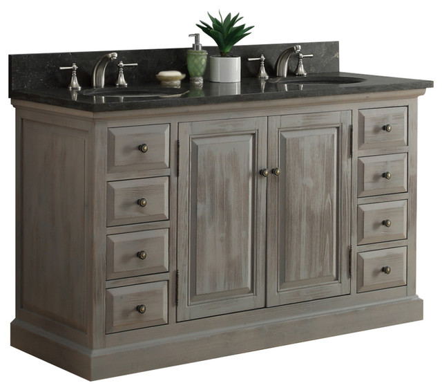 60" Solid Wood Sink Vanity With Dark Limestone Top Rustic Bathroom