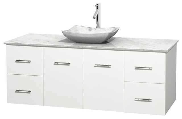 Centra 60" White Single Vanity, White Carrera Marble Top, Carrera Marble Sink