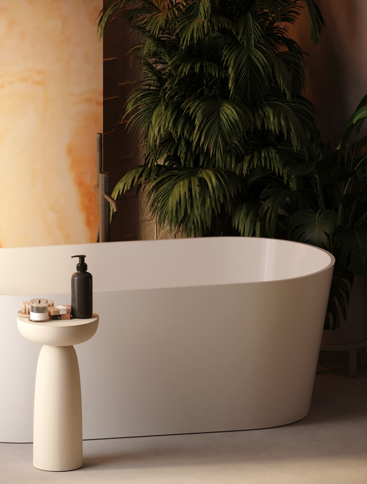 Foto på ett stort funkis vit en-suite badrum, med släta luckor, vita skåp, ett fristående badkar, en vägghängd toalettstol, grå kakel, stenhäll, vita väggar, marmorgolv, ett integrerad handfat, marmorbänkskiva och vitt golv