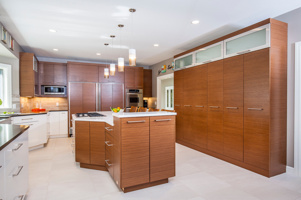 Large modern u-shaped eat-in kitchen in Minneapolis with a farmhouse sink, flat-panel cabinets, brown cabinets, quartz benchtops, grey splashback, stone tile splashback, stainless steel appliances, porcelain floors and with island.