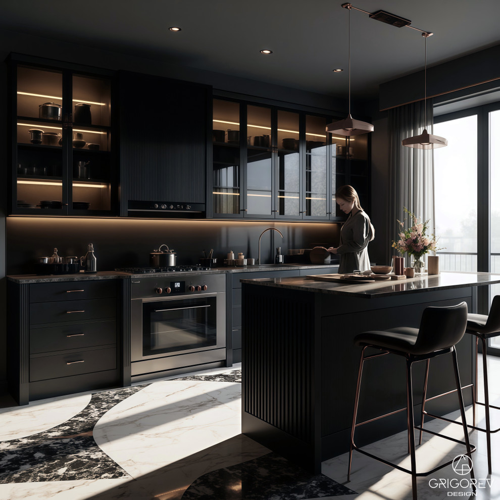Черная кухня со светлым полом