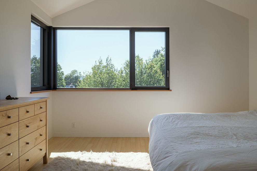 Modelo de habitación de invitados abovedada contemporánea de tamaño medio con paredes blancas y suelo de madera clara