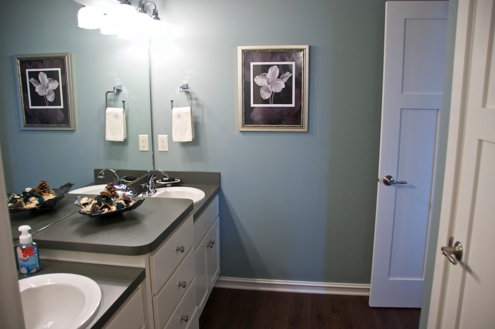 Transitional bathroom in Minneapolis with vinyl floors and laminate benchtops.