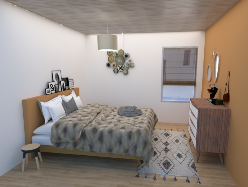 Пример оригинального дизайна: хозяйская спальня среднего размера в скандинавском стиле с коричневыми стенами, полом из линолеума, бежевым полом и потолком из вагонки