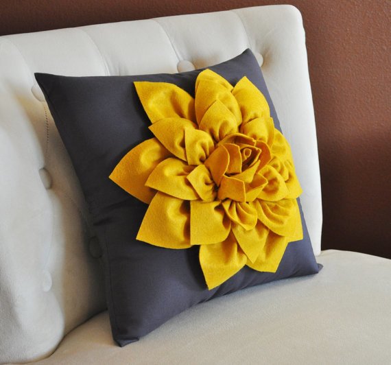 Decorative Flower Pillow, Mustard Yellow Dahlia by BedBuggs