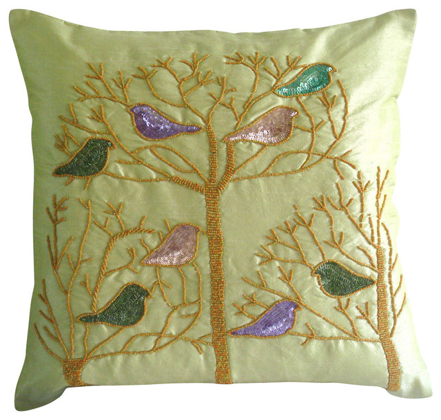 Green Art Silk 18"x18" Multicolor Pigeon Pillows Cover, Pigeon Love
