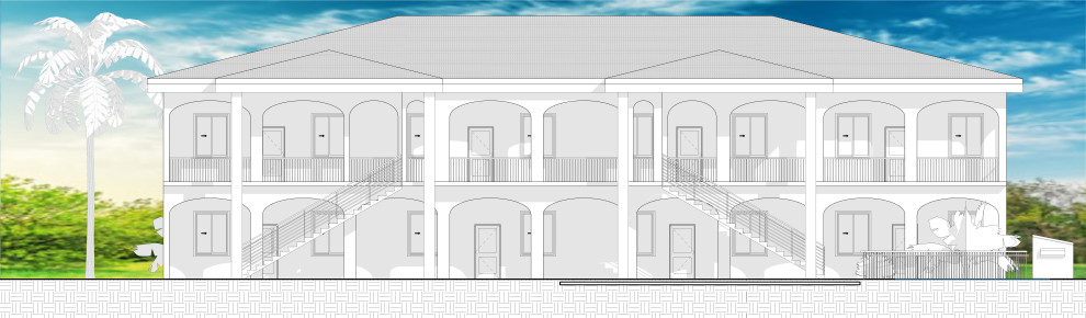 На фото: большой, одноэтажный, белый многоквартирный дом в современном стиле с облицовкой из цементной штукатурки, вальмовой крышей, черепичной крышей и черной крышей с