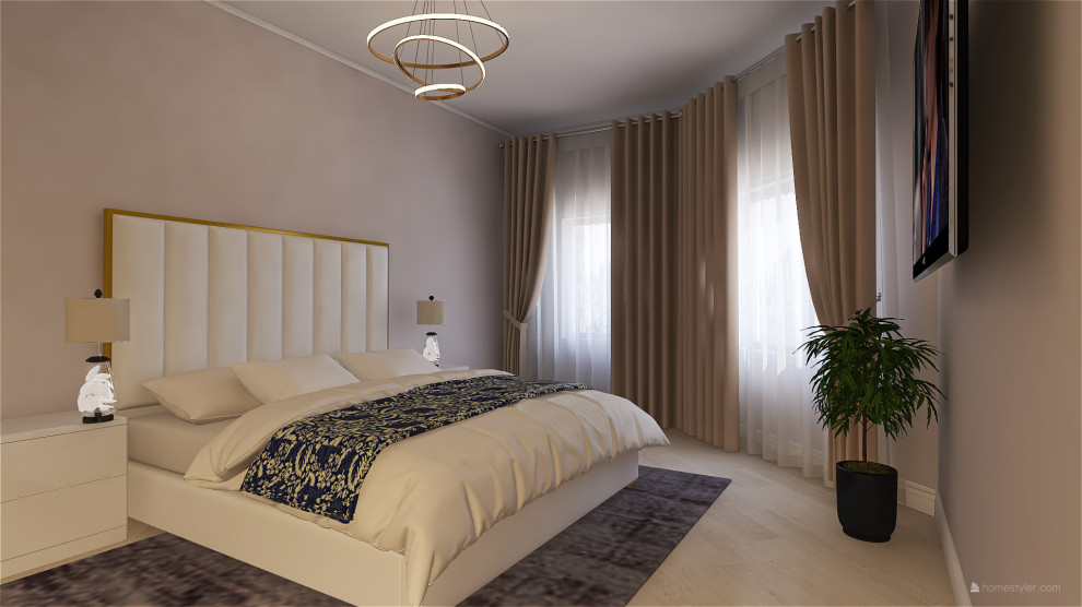 Спальня в однокомнатной квартире в спокойных тонах.