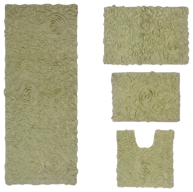 Bell Flower Collection Tufted Bath Rug, 4-Piece Set With Contour-Green