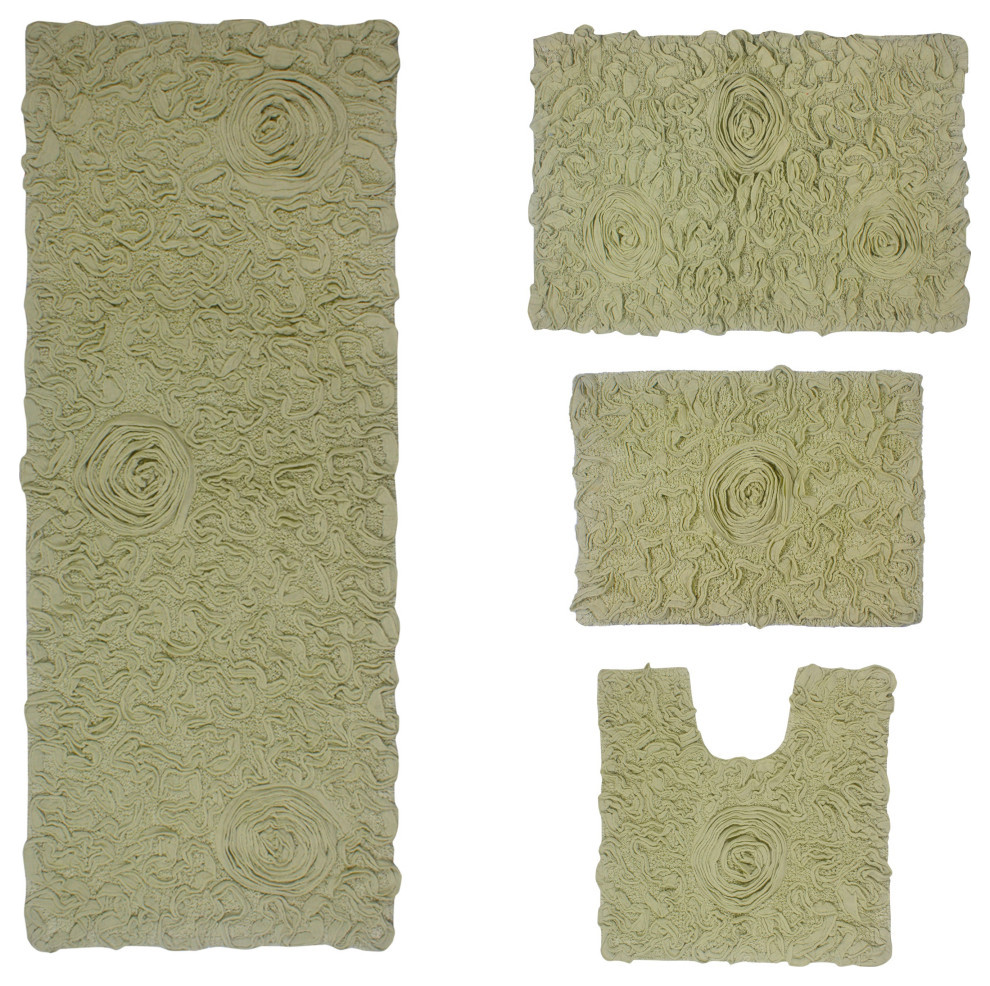 Bell Flower Collection Tufted Bath Rug, 4-Piece Set With Contour-Green