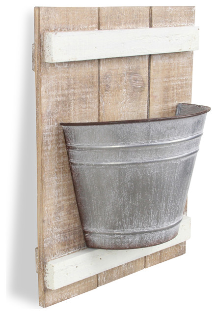Half Cut Gray Metal Garden Bucket, Light Brown Wood, White Panel Accents, 10.25"