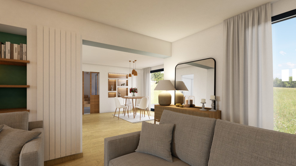 Стильный дизайн: большая гостиная комната в белых тонах с отделкой деревом в современном стиле с светлым паркетным полом - последний тренд