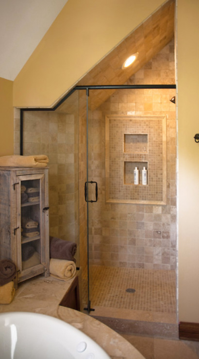 Example of a large transitional master beige tile and porcelain tile porcelain tile and beige floor drop-in bathtub design in Chicago with beige walls and a hinged shower door