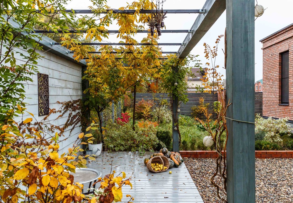 Inspiration for a contemporary patio in Other with gravel and a pergola.