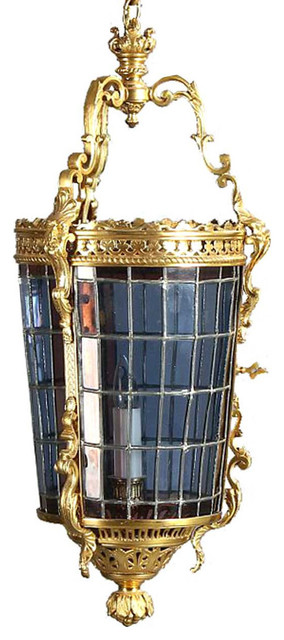 French Gilt Brass and Leaded Glass Hanging Hall Lantern