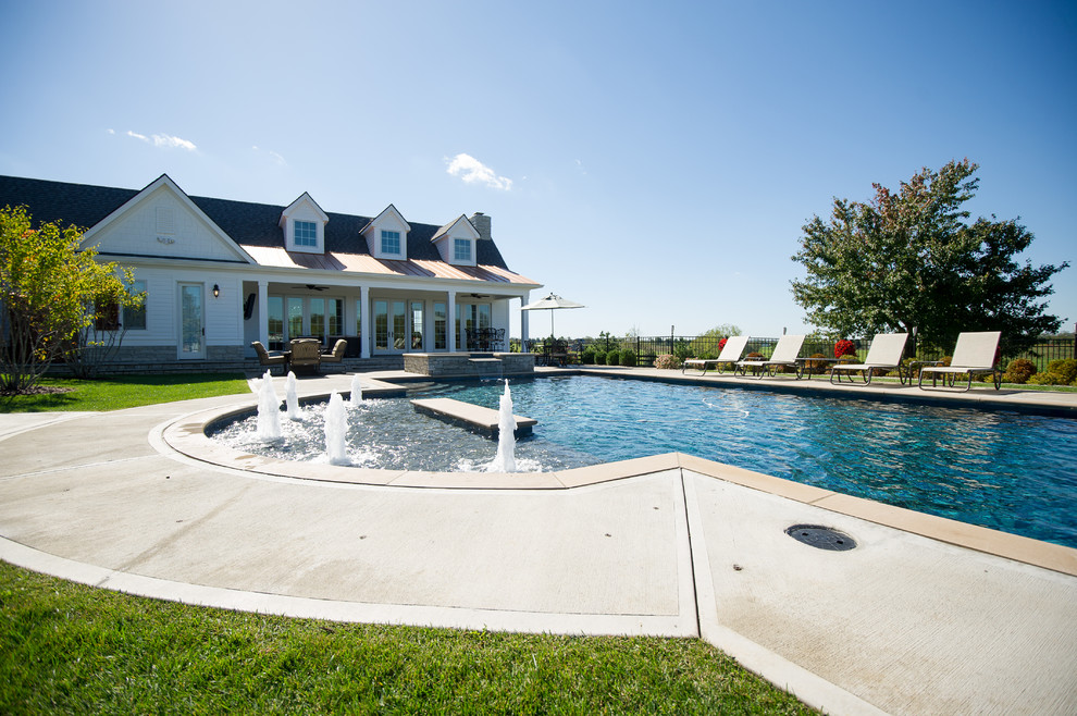 Inspiration for a large transitional backyard concrete and rectangular pool house remodel