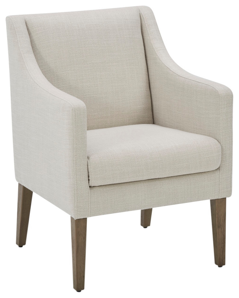 Set of 2 Beige Upholstered Dining Chairs with Sloped Arms and Tobacco Oak Legs Transitional