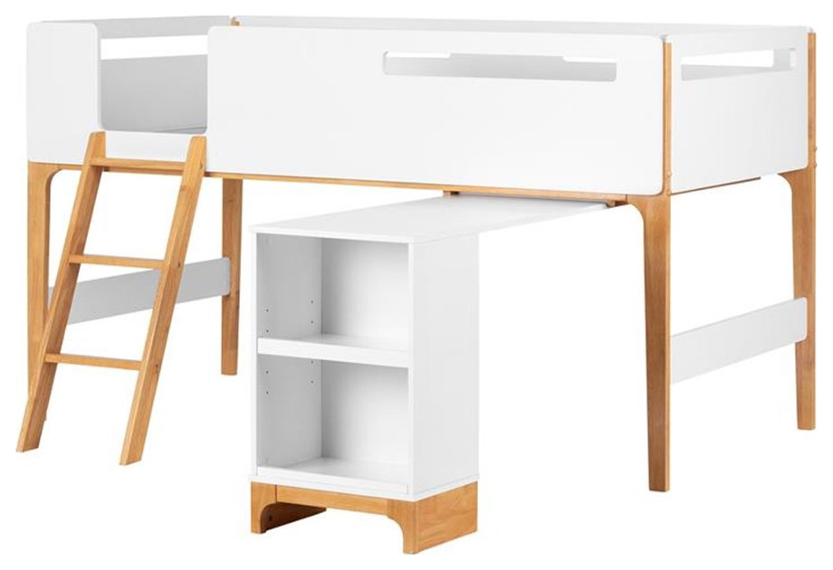 Pemberly Row Scandinavian Wood Twin Loft Bed with Desk in White & Natural