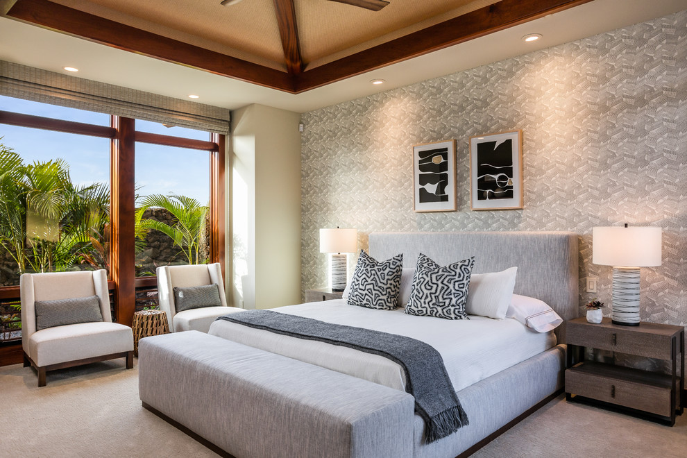 Design ideas for a tropical guest bedroom in Hawaii with beige floor.