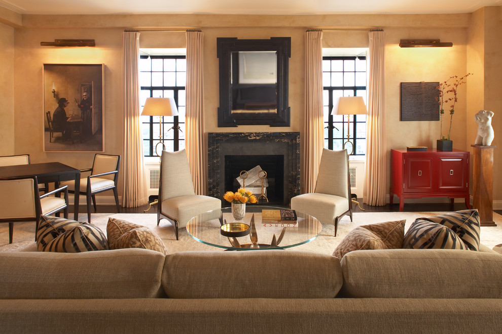 Design ideas for a contemporary living room in New York with beige walls and a standard fireplace.