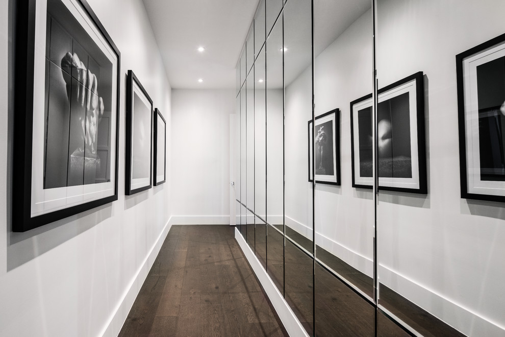 This is an example of a small modern hallway in Orlando with white walls and dark hardwood floors.