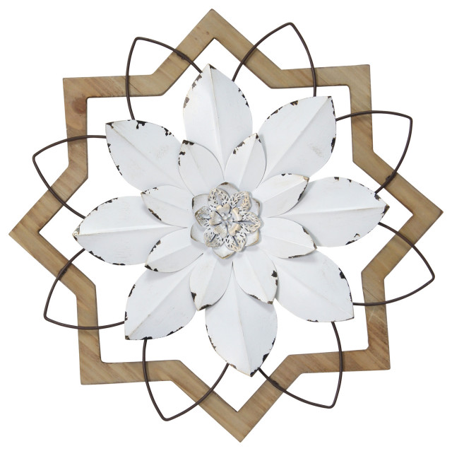 Stratton Home Decor Metal White Flower And Wood Frame S30861