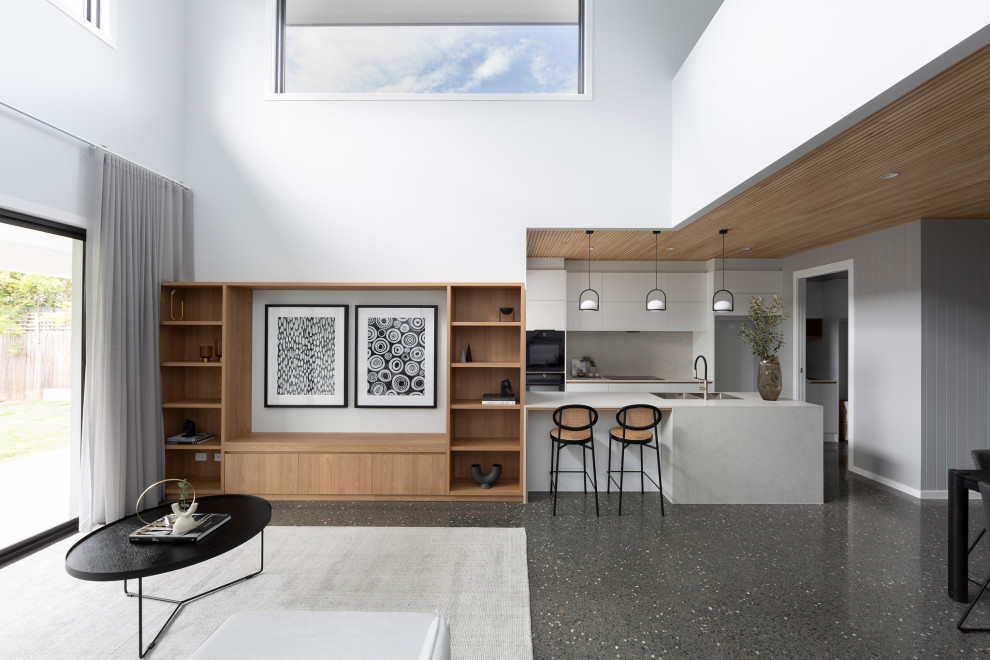 Imagen de salón minimalista con suelo de cemento, suelo gris y machihembrado