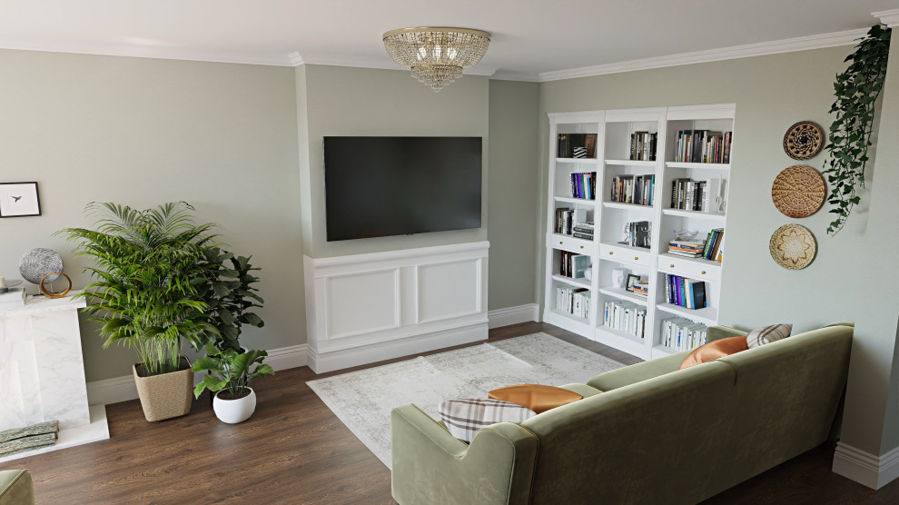 Ejemplo de biblioteca en casa cerrada escandinava pequeña con paredes grises, suelo de madera pintada y televisor colgado en la pared