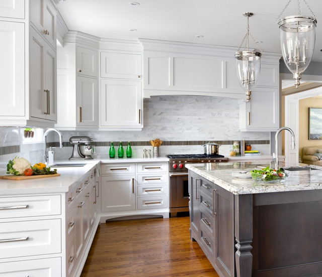 Sino Carrera Marble Irregular Rectangles on Backsplash Traditional Kitchen Detroit by