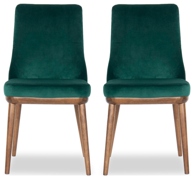 Pemberly Row 37"H Mid-Century Velvet/Wood Dining Chair in Green (Set of 2)