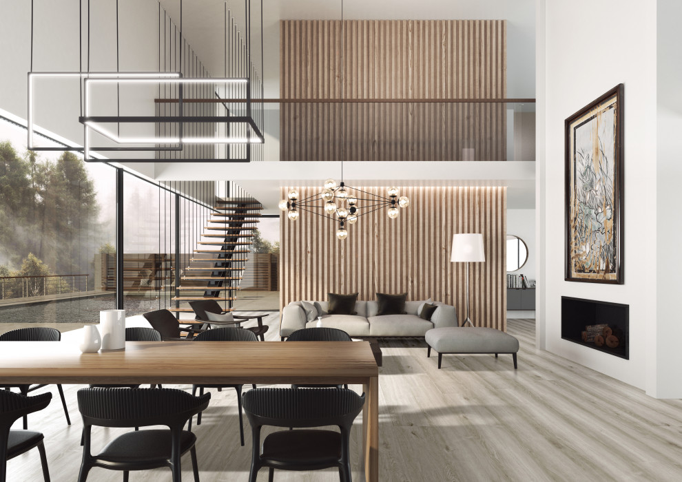 Cette image montre un salon minimaliste en bois ouvert avec un mur blanc, un sol en vinyl, une cheminée ribbon, aucun téléviseur, un sol gris et un plafond décaissé.