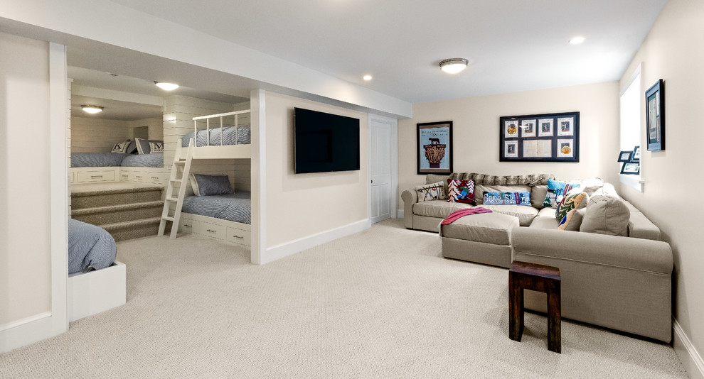 No Adults Allowed - Example of a mid-sized transitional enclosed carpeted and beige floor family room design in Burlington with beige walls, a wall-mounted tv and no fireplace