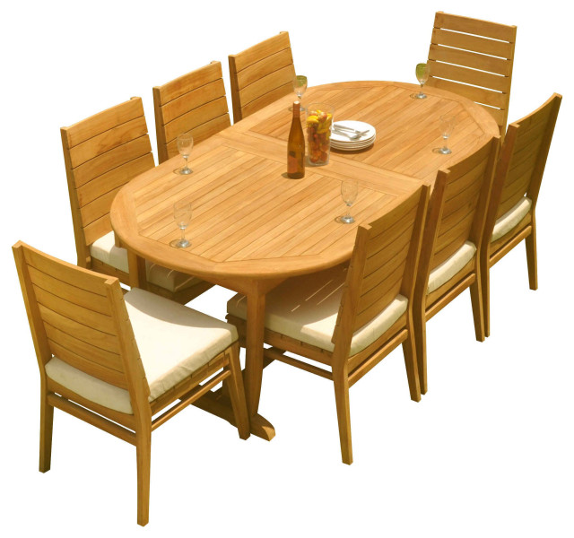 9Piece Outdoor Teak Dining Set 117" Masc Oval Table, 8 Char Stacking