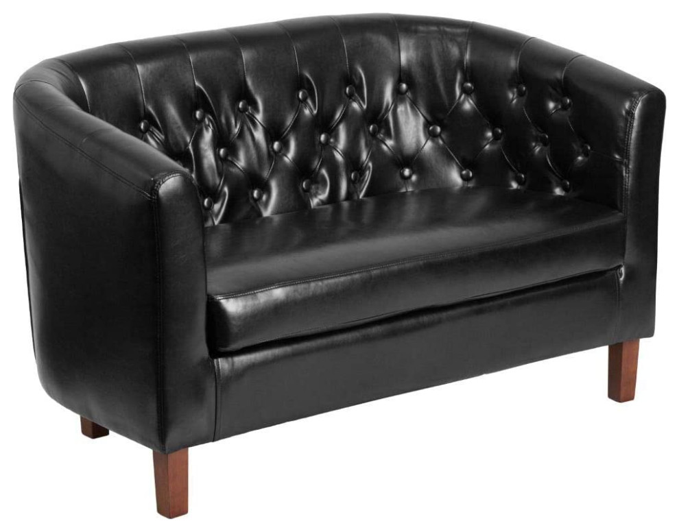 Traditional Loveseat, Faux Leather Seat With Loose Cushion & Tufted