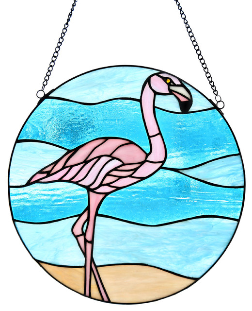 16" Stained Glass Fabulous Flamingo Window Panel - Tropical - Stained