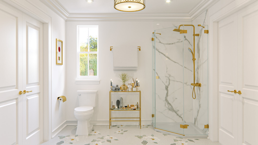 На фото: главная ванная комната среднего размера в классическом стиле с плоскими фасадами, серыми фасадами, угловым душем, раздельным унитазом, разноцветной плиткой, плиткой мозаикой, белыми стенами, полом из мозаичной плитки, врезной раковиной, столешницей из искусственного кварца, разноцветным полом, душем с распашными дверями, белой столешницей, тумбой под две раковины, напольной тумбой, деревянным потолком и деревянными стенами с