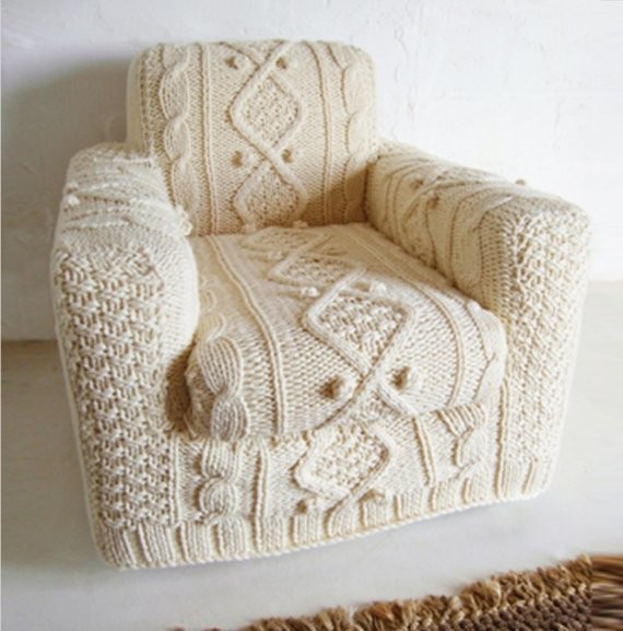 Hand-knit Cream Aran Armchair Slipcover by Biscuit Scout