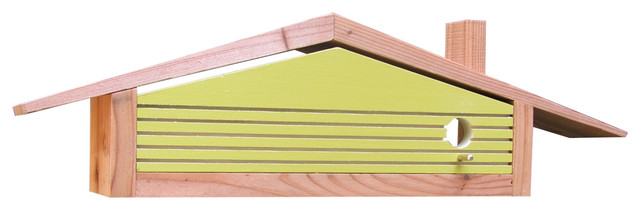 Natural Mid Century Modern California Ranch Birdhouse, Chartreuse Insert