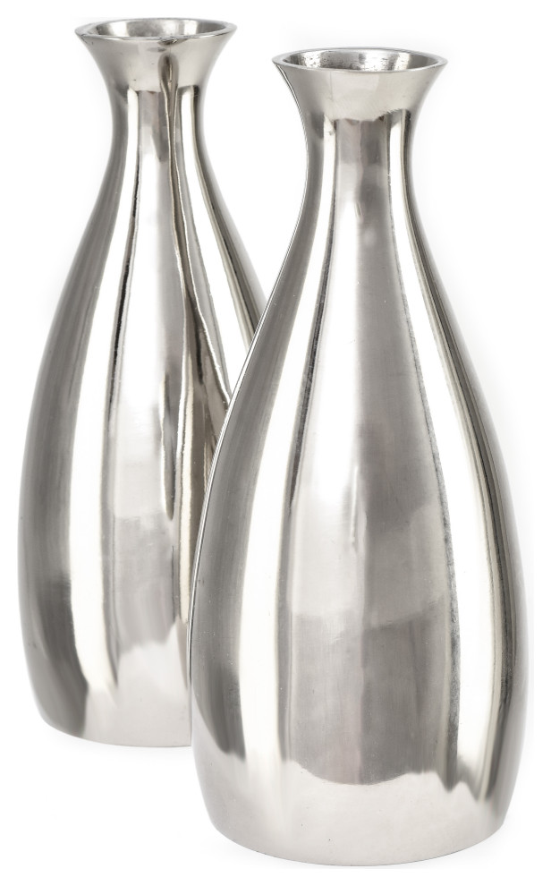 Polished Aluminum With Nickel Finish Silver Bud Vase Set Of 2 Contemporary Vases By