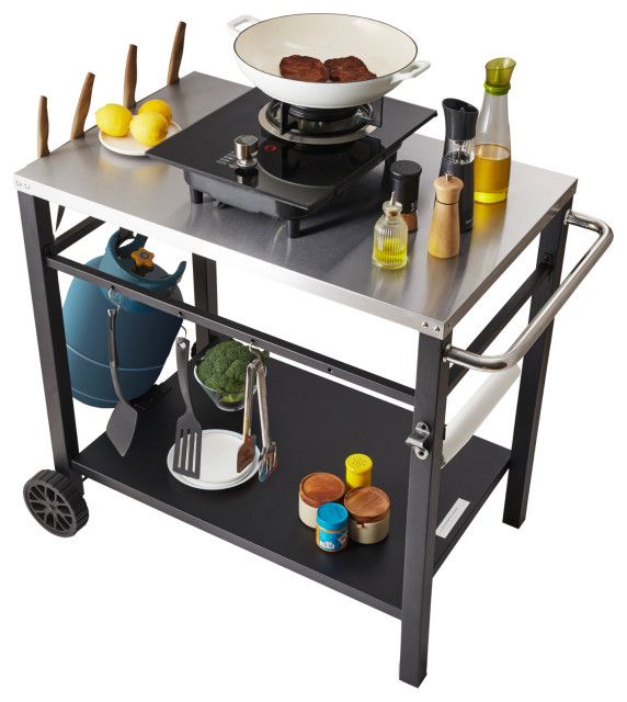 GiantexUK Grill Dining Cart, Outdoor Ovable BBQ Trolley With Foldable