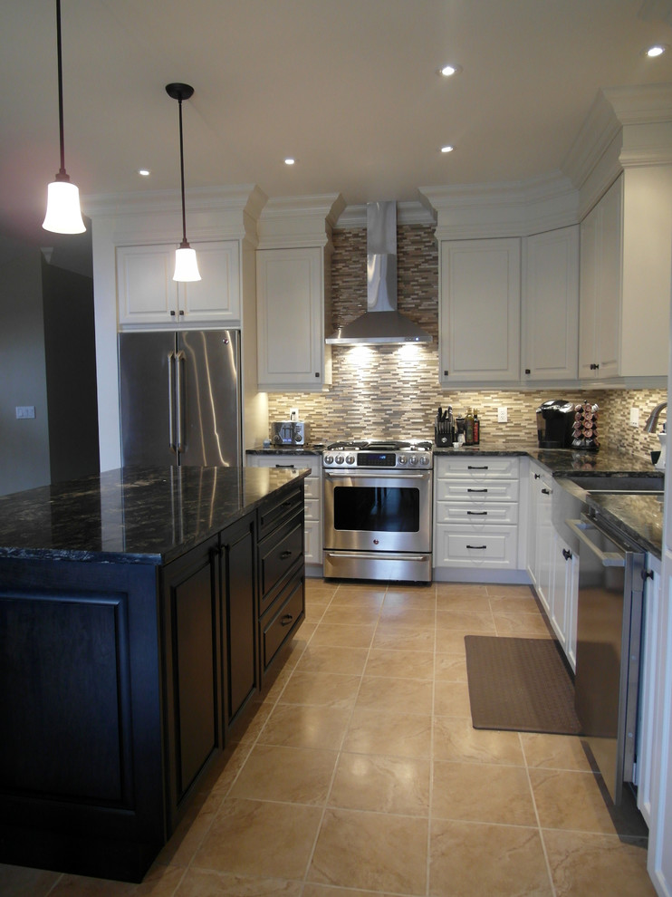 Design ideas for a transitional l-shaped eat-in kitchen in Burlington with raised-panel cabinets and white cabinets.