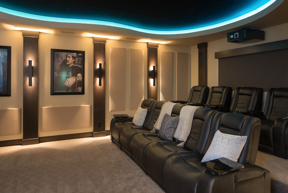 Inspiration for a country enclosed home theatre in Phoenix with beige walls, carpet and beige floor.