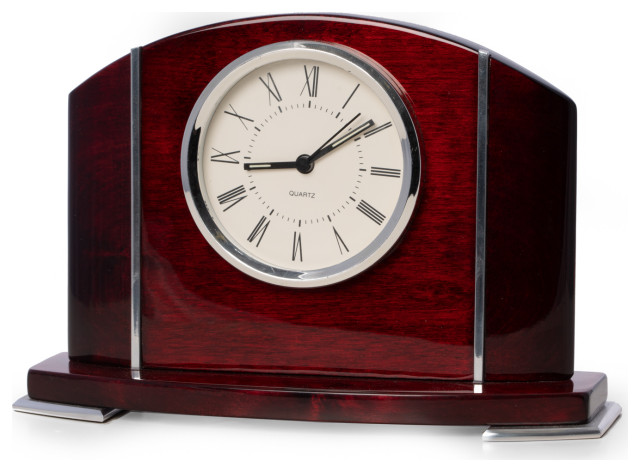 Lacquered Mahogany Wood Quartz Movement Clock, Stainless Steel Accents