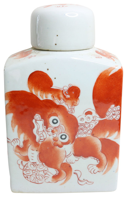 Orange and White Porcelain Hexagonal Tea Caddy Jar Foo Dog Motif 8/"