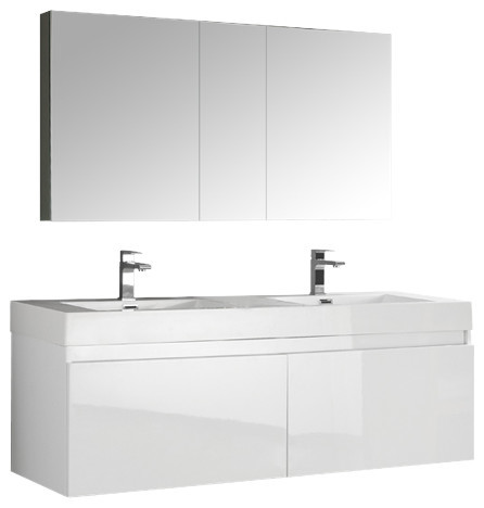 Mezzo 60" White Wall Hung Double Sink Bathroom Vanity Set, Gravina Chrome Faucet